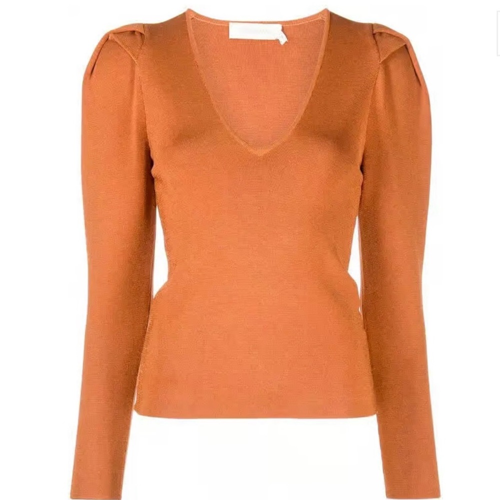 ZIMMERMANN Copper fine knit top, plunging V-v neck sleeve w/shoulder detailing.